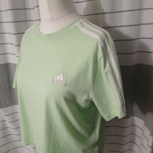 Adidas Light Green Crop Top with White Stripes